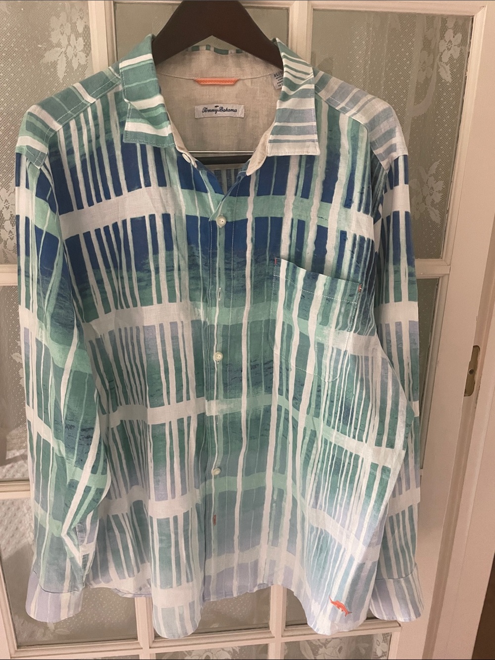 Tommy Bahama Blue & Green Vertical Stripe Casual Button-Down Shirt